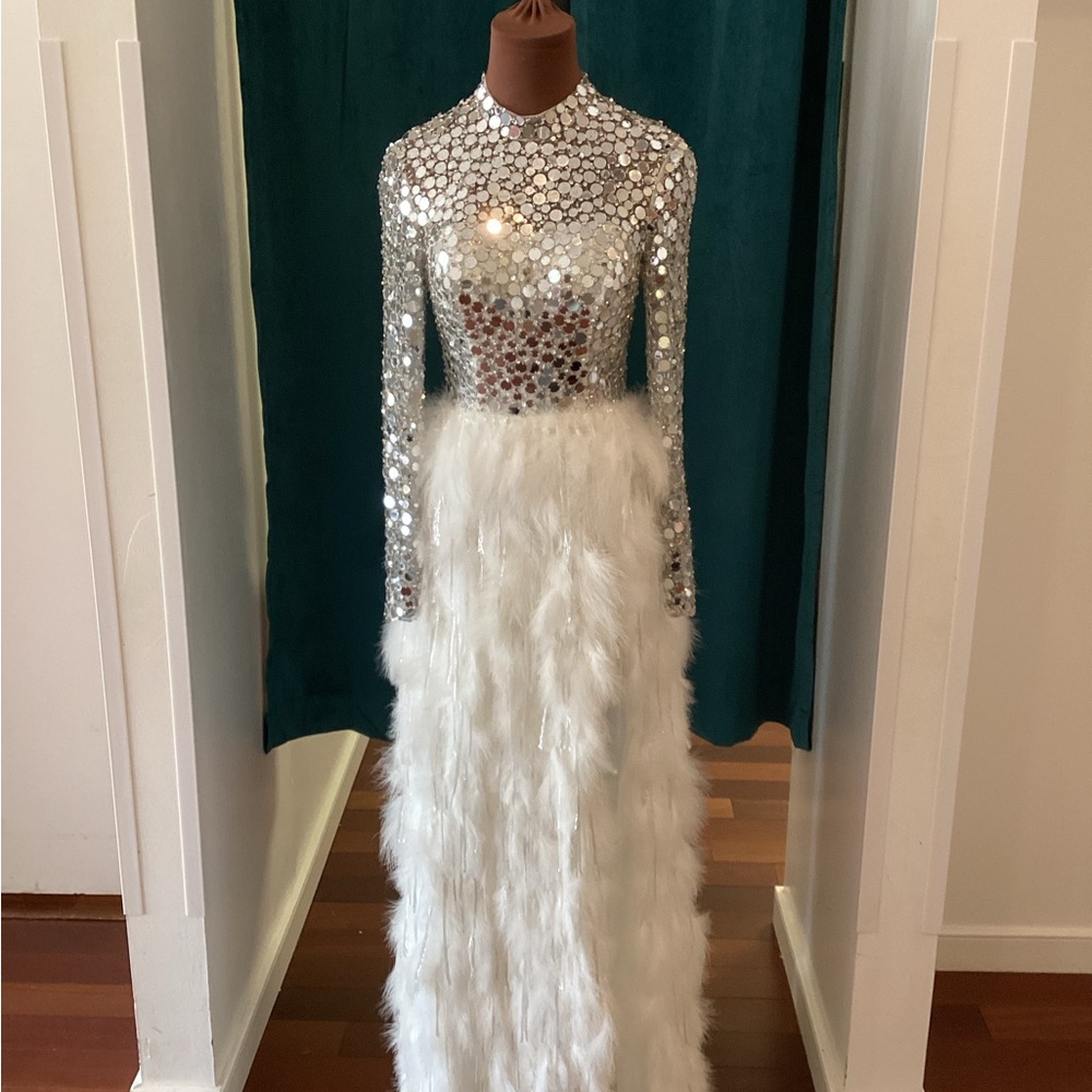Jasz Couture long sleeve mirror bodice feathered gown